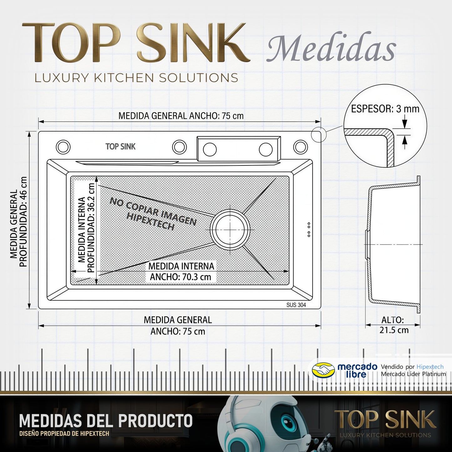 Set Fregadero / Lavaplatos De Lujo Una Tina 75x46cm Top Sink