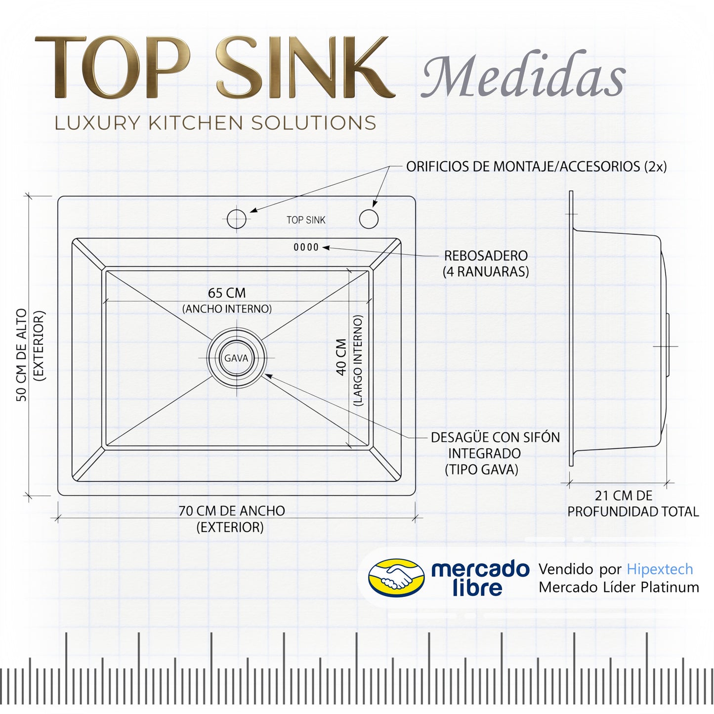 Fregadero / Lavaplatos Una Tina Empotrable 70x50 cm Top Sink